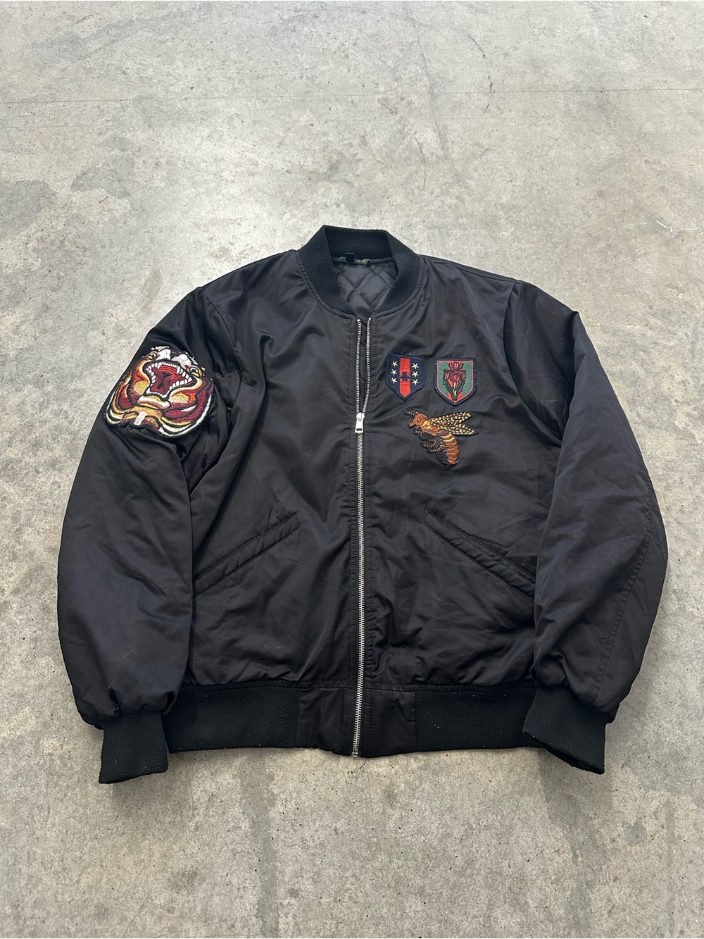 Gucci Black Embroidered Bomber Jacket with Patch Details